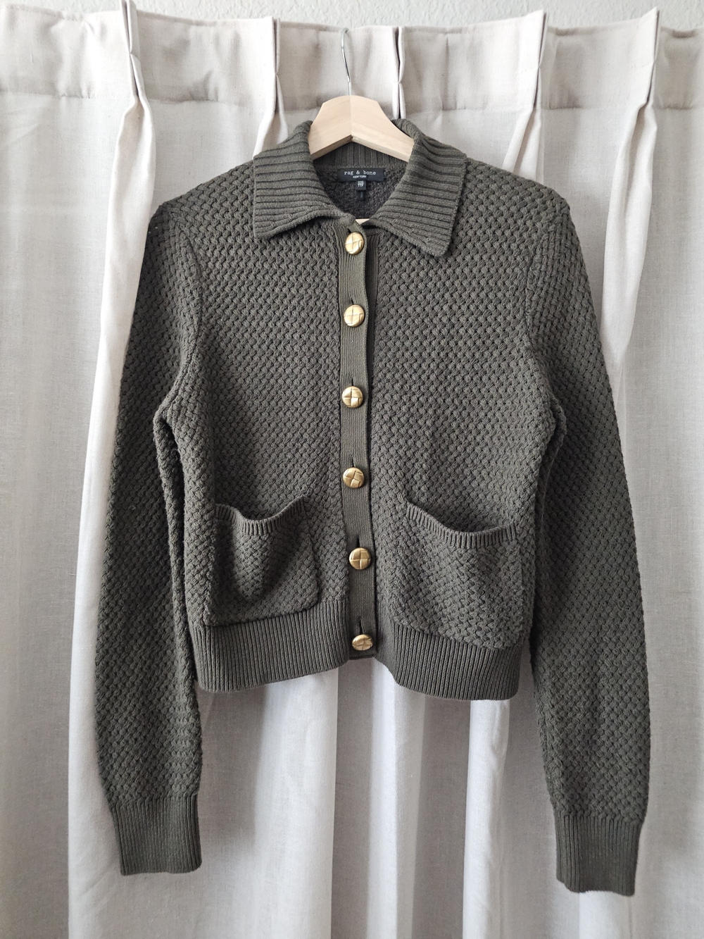 Rag & Bone Olive Green Textured Knit Button Cardigan Sweater XXS Cotton
